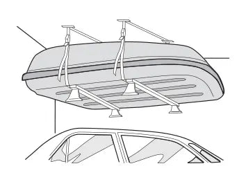 Tekening van het opslaan van een Hapro Dakkoffer met Dakdragers aan het plafond.